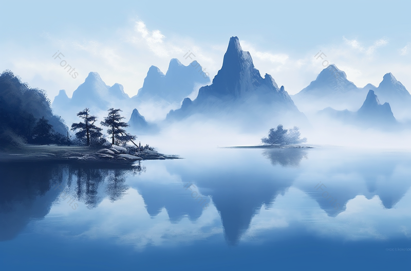 中式蓝色山峰云雾弥漫松树木水面倒影水墨山水画,插画/手绘图,插画/手绘图库,插画/手绘图下载,插画/手绘
